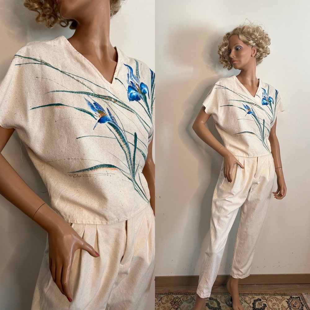 1980s Hand Painted Two Piece Set – Natural Cotton Top & High Waist Pants (S/M) - Picture 6 of 8